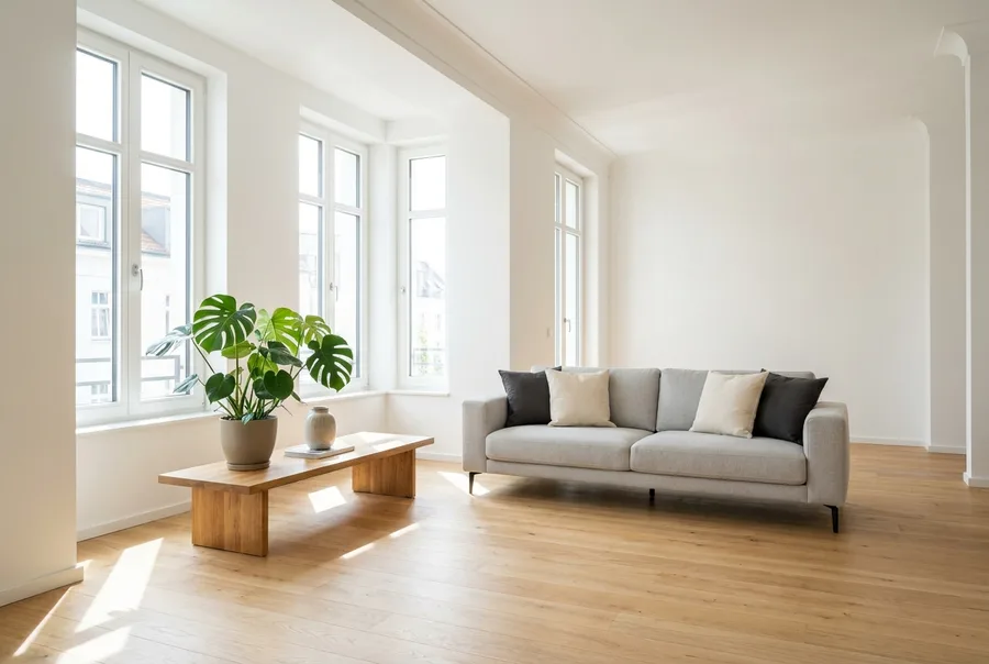 Helles, aufgeräumtes Wohnzimmer mit sauber gepflegtem Holzboden